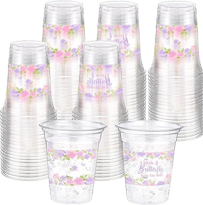 Funnymoom 60 Pack Butterfly Baby Shower Cups, a Little Butterfly Is on The Way Baby Shower Decorations, 12 oz Pink Purple Floral Disposable Clear Plastic Cups for Spring Summer Birthday Party Supplies