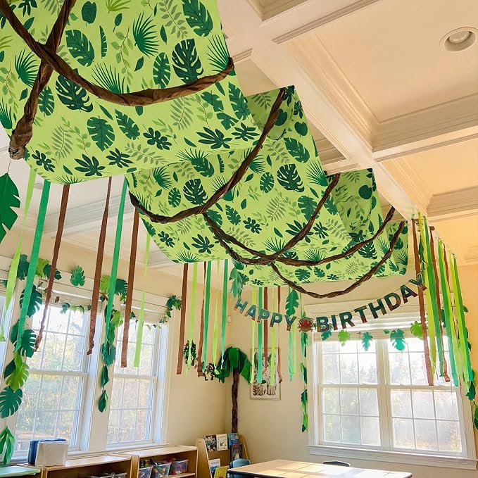 Feifeiya 3 Pcs 36 ft Rainforest Palm Leaves 2026 VBS Decorations Rainforest Tropical Safari Banner Hawaiian Luau Jungle Theme Party Ceiling Decorations for Summer Sunday School Classroom Party