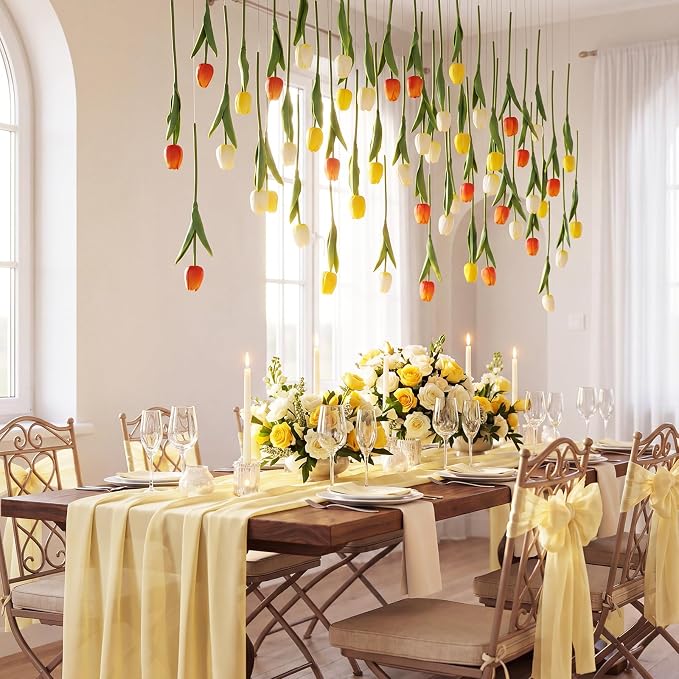24 Pack Gradient Yellow 5 ft Artificial Tulips Hanging Flower Garland Decorations Spring Summer Dangling Faux Tulip Floral Vine Strings with Hooks for Wall Ceiling Wedding Tea Party