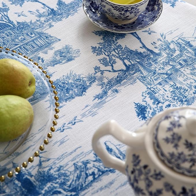 patdrea Elegant French Linen Tablecloth,Round,Diameter 67"-Lucerne A | Vintage Elegant Table Cloth for Round Table,Blue and White Chinoiserie Print,for Dining Room Tea Party Thanksgiving