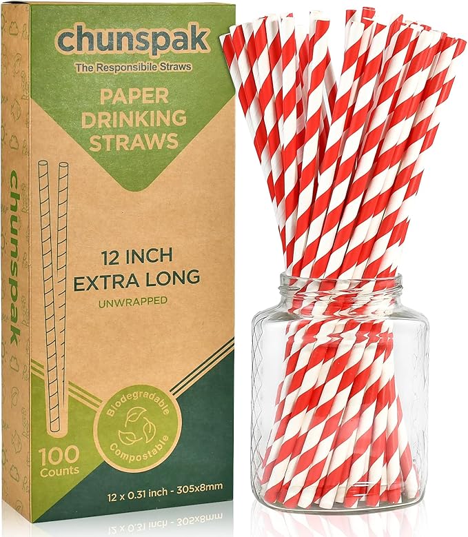 12 Inch Extra Long Large Paper Drinking Straws 8mm Wide - For Smoothies, Shakes, Tall Drinks, 40oz Tumblers - Red Stripe, 100 Count - 100% Biodegradable
