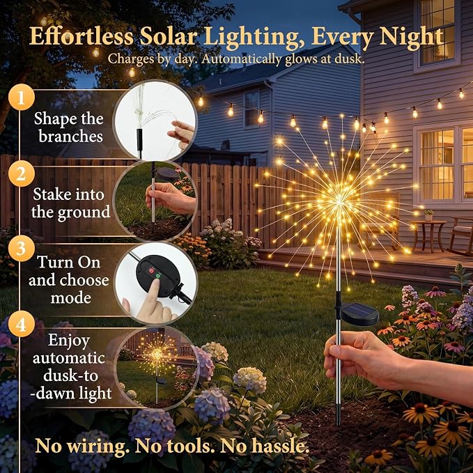 Solar Firework Lights Outdoor 2 Pack, 120LED Starburst Garden Lights Solar Powered with 8 Lighting Modes, Waterproof Decorative Lights for Flower Beds, Walkways, Small Garden & Patio Decor