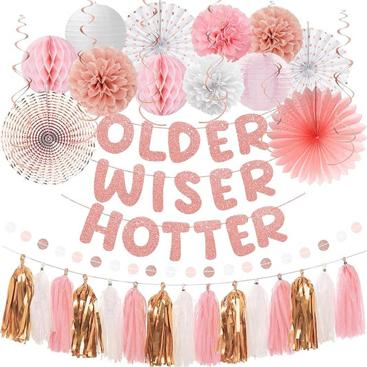 Roetyce Birthday Party Decorations, Rose Gold Glitter Older Wiser Hotter Banner Photo Background for Women, Funny Happy Birthday Backdrop Decor, Pink 30th 40th 50th 60th 70th 80th Party Supplies