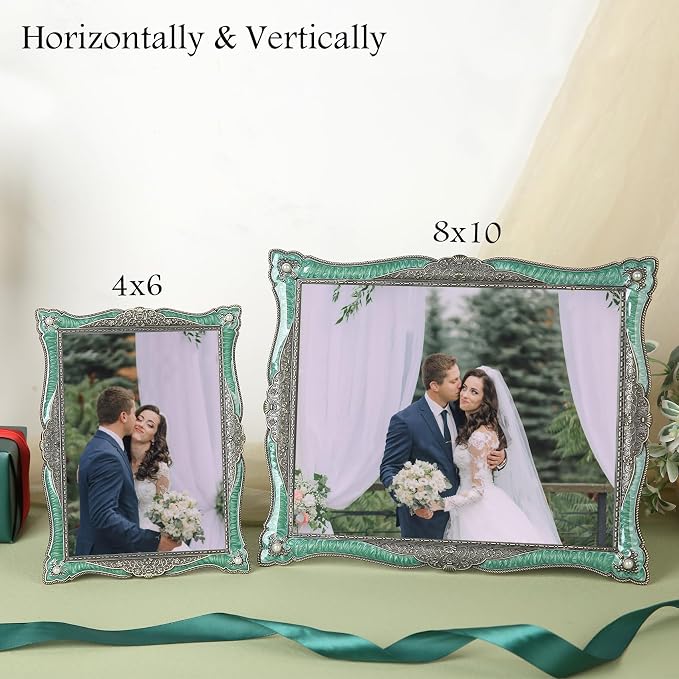 8x10 Vintage Green Enamel Metal Picture Frame Unique Ornate Gemstone Photo Frames with Glass Front, Tabletop Art Decoration, Creative Gifts for Women, Horizontally & Vertically