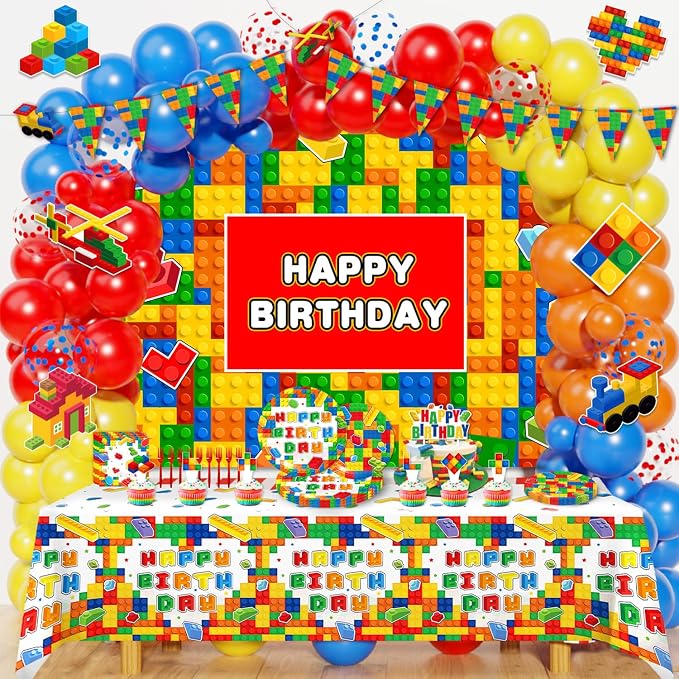 Building Block Birthday Party Decorations with Balloon Arch Kit, Banner, Backdrop, Wall Signs, Tablecloth, Plates, Napkins, Forks, Cake Topper, Cupcake Toppers