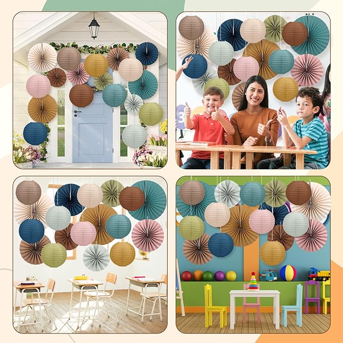 Wavwavw 18 Pcs Boho Hanging Paper Lanterns and Paper Fans Decor Back to School Party Decorations Round Boho Garlands Bulletin Board Decor for Classrooms Office Ceilings Wall Birthday Party Supplies