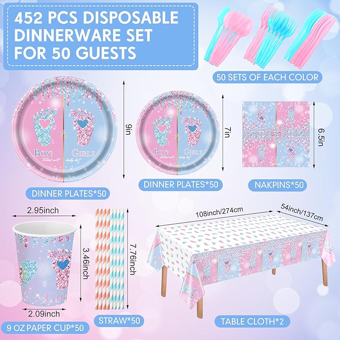 Funnymoom 452 Pcs Gender Reveal Party Decoration for 50 Guests, Boy or Girl Paper Plates and Napkins Cups Tablecloth Cutlery Disposable Tableware Set for Gender Reveal Party Supplies