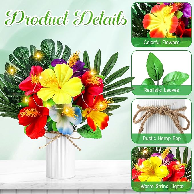 XunYee 6 Sets Hawaiian Party Table Centerpiece Decorations, Tropical Artificial Hibiscus Flowers with LED String Lights, Palm Leaves and Metal Vases for Luau, Tiki, BBQ Summer Beach Party Table Decor