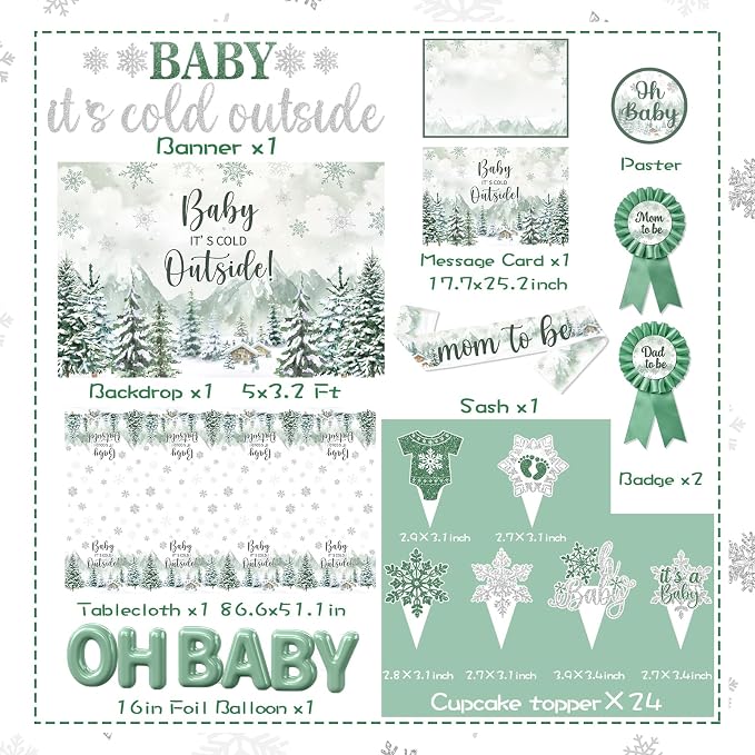Baby It’s Cold Outside Baby Shower Decorations, Green Winter Baby Shower Decorations Winter Wonderland Tablecloth Banner Backdrop Balloon Box Cupcake Topper Hanging Swirl for Boy Girl Gender Reveal