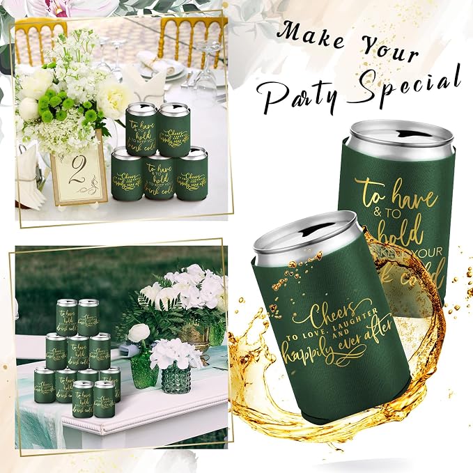 Qinyoung 50 Pieces Dark Green Wedding Can Cooler Bulk Engagement Party Favors for Guests Cheers to Love and Happily Ever After Rehearsal Dinner Decorations for Wedding Bridal
