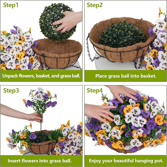 2 Set Artificial Hanging Flowers with Basket for Outdoor Decor, 24 Pcs Silk Pansy Fake Plants for Garden Porch Patio Balcony Yard Home Decoration