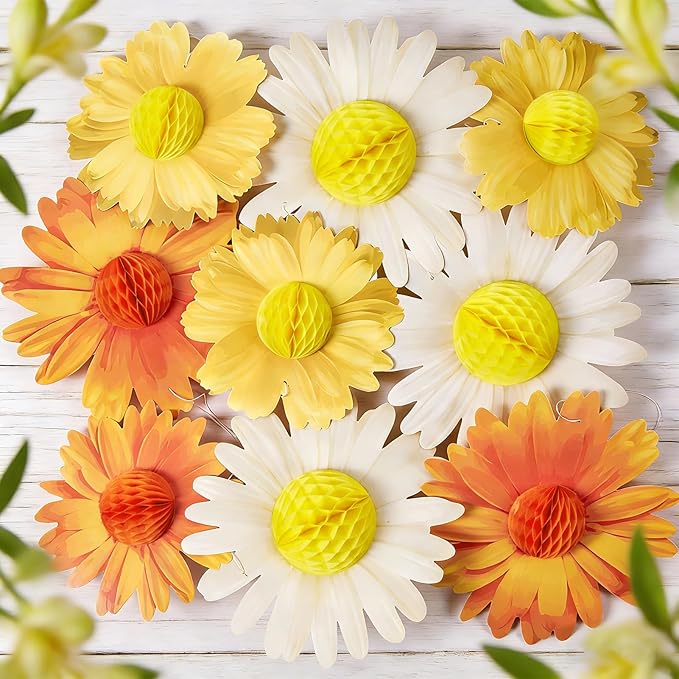 Paper Jazz 9pcs Daisy Paper Flower Decorations, White Yellow Orange Honeycomb Hanging Decor, Spring Party Celling Sign Boho Happy Birthday Supplies for Garden Classroom Baby Shower Birthday Party