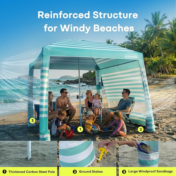 Gorich Beach Cabana with UPF50+ UV Protection, 8x8 FT/10x10 FT Beach Canopy Tent with Side Wall, Easy Setup, Windproof Portable Sun Shelter Shade for Family
