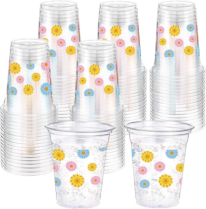 Hushee Colorful Daisy 60 Pcs Party Cups 16 oz Plastic Disposable Drinking Cups for Birthday Love Baby in Bloom Baby Shower Summer Fresh off The Market Bridal Shower Decorations Supplies