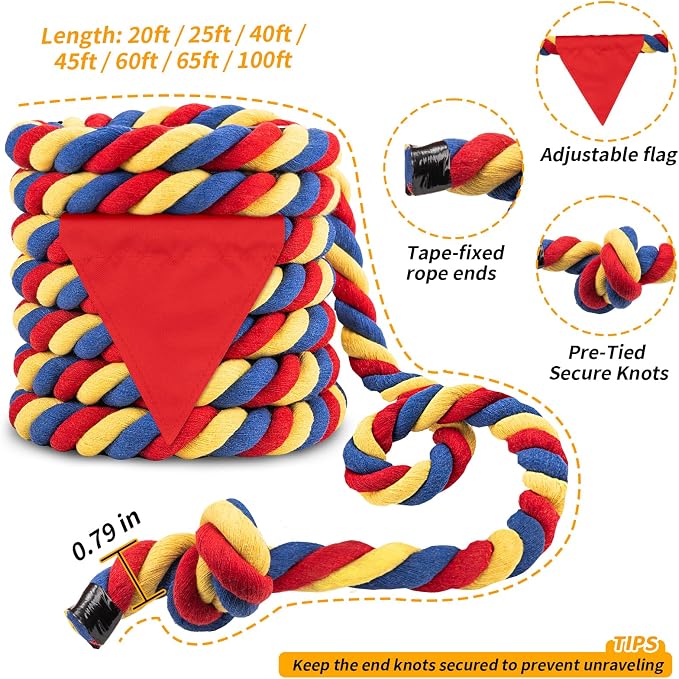 Tug of War Rope for Kids & Adults - 60ft Soft Cotton Outdoor Pulling Rope with Flag for Team Building Activities Field Day Family Reunions Birthday Parties Camping Games