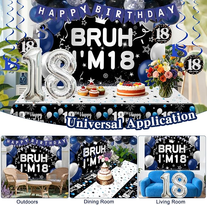 18th Birthday Decorations for Boys & Girls, 54 PCS Blue Black Party Decorations, 18 Year Old Boy Birthday Party Supplie with Banner Backdrop, Hanging Swirls, Tablecloth, Bruh I'm 18 Party Supplies