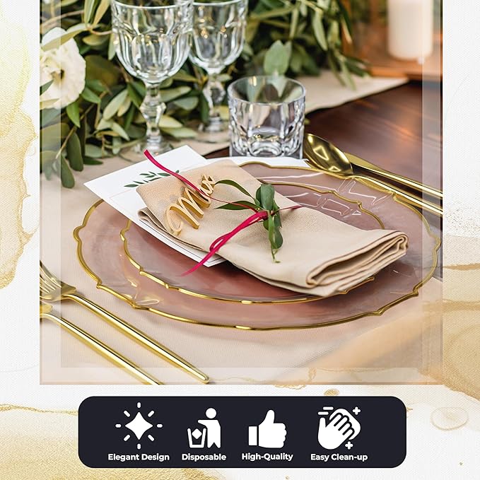Exquisite Fancy Plastic Plates - Disposable Party Set, 80 Piece, 40X7.5 Dessert & 40X10 Thin Delicate Pink Rose Gold Rimmed