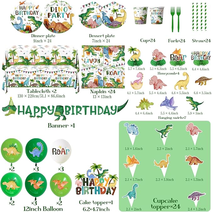 Dinosaur Birthday Decorations, 199Pcs Dinosaur Party Decorations Tableware Set Include Dinosaur Plates,Napkins,Cups,Balloon,Banner,Hanging Swirl,Cake Toppers,Tablecloth for Boy Dino Party Supplies