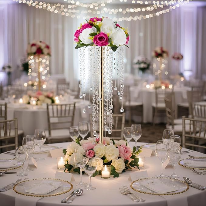 Bigsee 2 Pcs 21.65 inches Crystal Flower Stand Wedding Centerpieces for Tables, Tabletop Gold Metal Flower Arrangement Holder, Elegant Bulk Metal Vases for Reception Party Ceremony Decoration