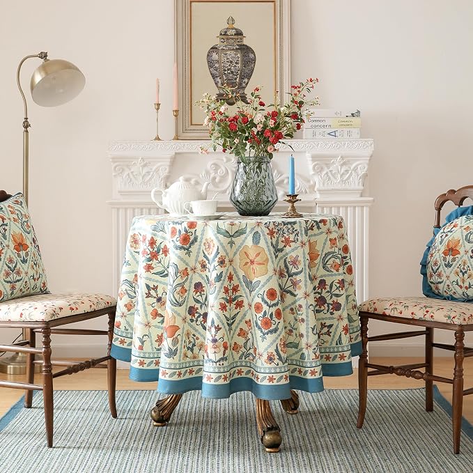 ISAENNE Designer Elegant Round Linen Tablecloth,Diameter 67"-Floralsea A | French Vintage Table Cloth,Colorful Floral Pattern,Beautiful,Decoration,Heavyweight,Dining Room,Kitchen,Thanksgiving