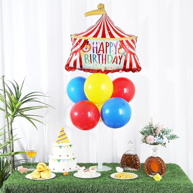 Carnival Circus Birthday Party Balloons Stand Kit 2 Sets with 2 Circus Tent Popcorn Foil Balloons Plim Themed Red Blue Yellow Balloon Centerpiece for Tables for Carnival Birthday Party Decorations