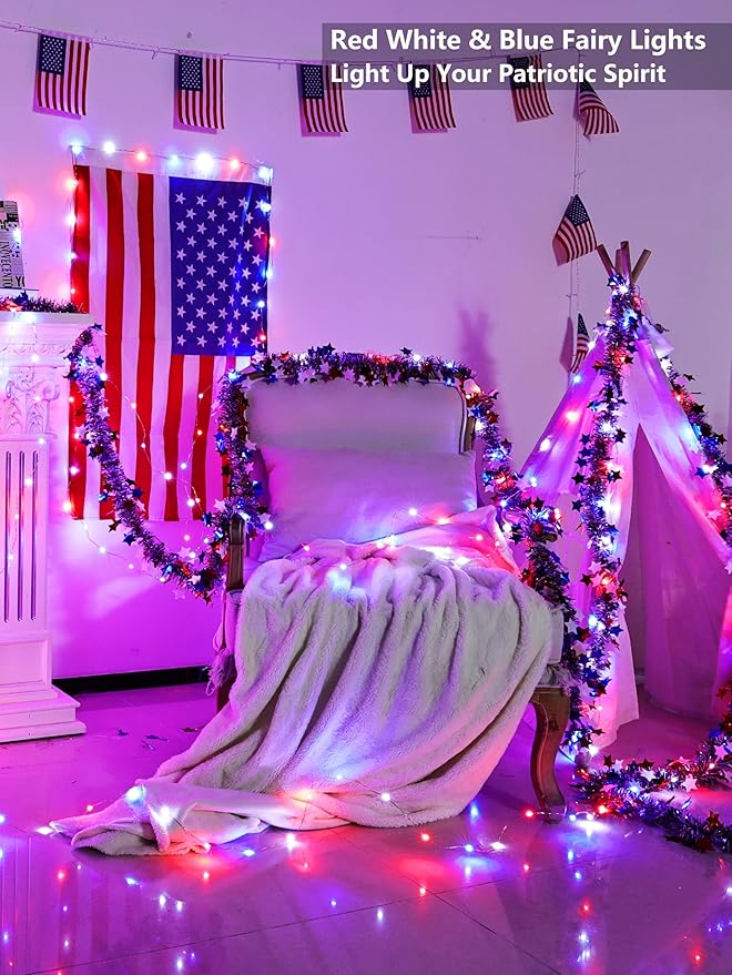 BrizLabs Smart Fairy String Lights, 66ft 200 LED WiFi 4th of July Fairy Lights App Control, Dimmable Red White Blue Light Rainbow Christmas Light, Music RGB Xmas Lighting Work with Alexa & Google Home