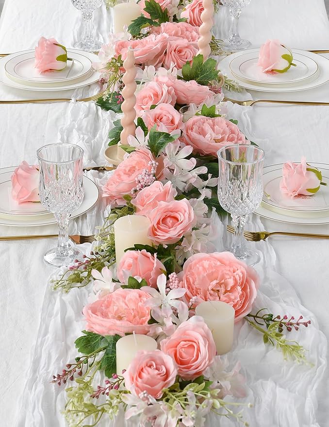 DearHouse 2Pack Artificial Peony Flower Garland - Silk Peony Garland with Pink Flowers for Wedding Party Table Decoration,6ft/Strand