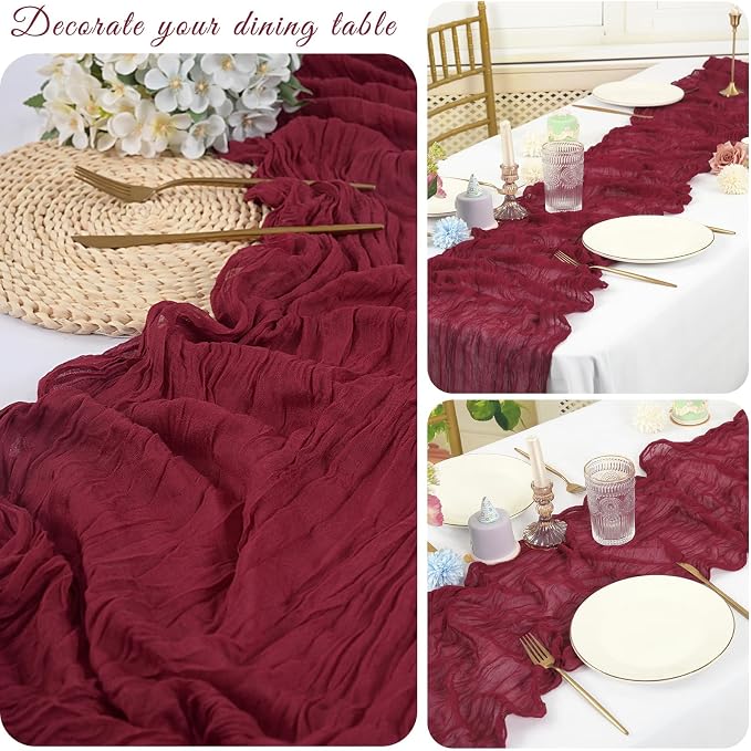 10 Pack Cheesecloth Table Runner 17 x 108 inch Long Boho Gauze Table Runners Semi Sheer Table Runner for Wedding Decor, Baby Shower, Birthday Party, Banquet (Burgundy)