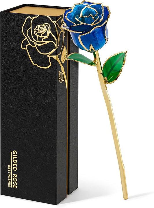 Mikasol Real 24K Gold Dipped Realistic Rose – Timeless Lifelike Bloom with Heart Puzzle Base – Romantic Gradient Blue Flower Gift for Her, Wife, Girlfriend, Mom – Birthday, Anniversary, Mother’s Day