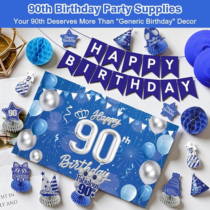 Happy Birthday Party Decoration Set: Including Birthday Banner Backdrop, Party Table Centerpieces and Hanging Swirl Party Streamers, Birthday Decor Suppliers for Men and Women (Blue, 90th Birthday)