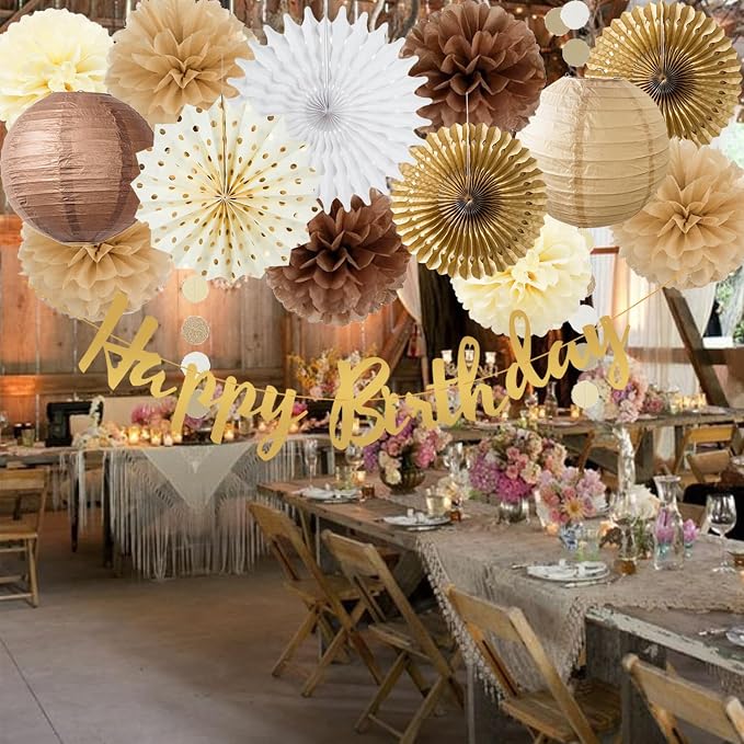 Brown Birthday Party Decorations White Brown Champagne Rustic Birthday Party Decoration Paper Pom Poms Flowers Hanging Paper Fans for Neutral Bear Baby Shower Boho Party Decoration