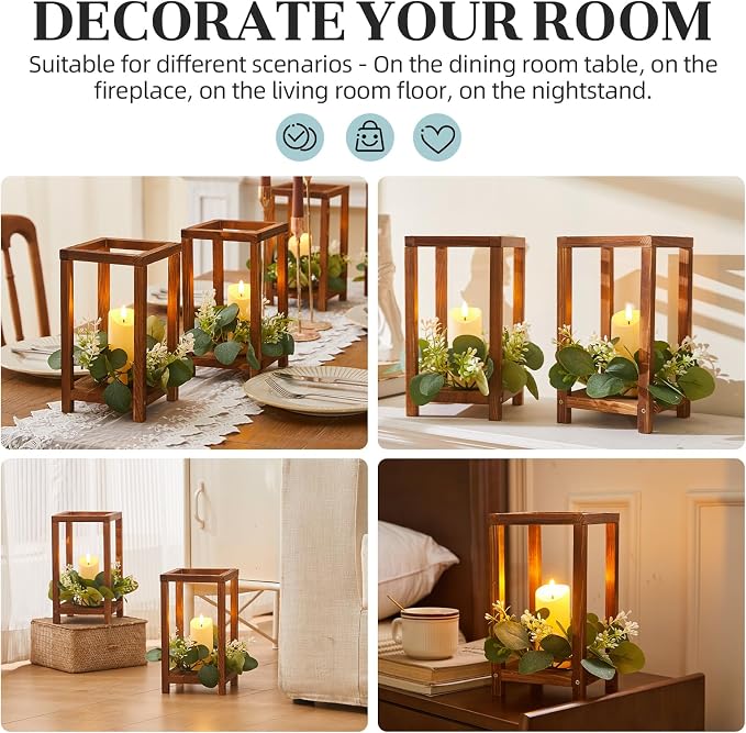 54 Pcs/18 Set Wooden Wedding Lantern Centerpiece, Wooden Centerpieces for Tables-with 18 Holders 18 Candles 18 Wreaths for Rustic Table Decoration Country Barn Wedding Party (Brown)