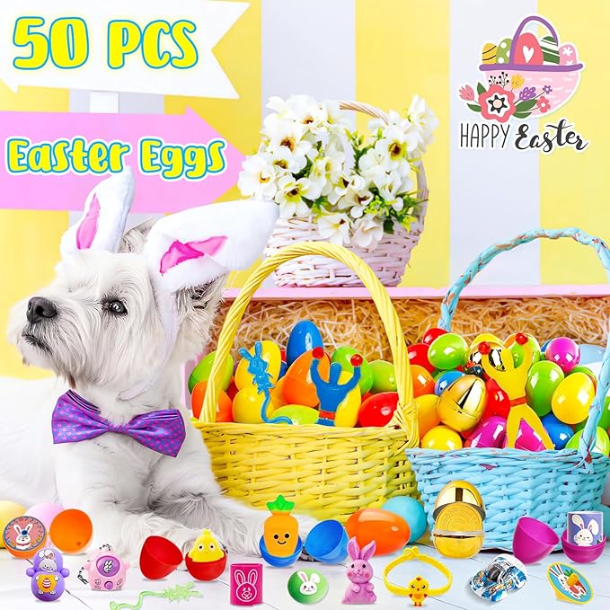 Adisher [ 6 Surprise Golden Eggs ] 50 PACK Prefilled Easter Egg Fillers, Easter Basket Stuffers Egg Hunt with Toys Goodie Bags Stuffers Party Favors Classroom Prize Supplies for Kids