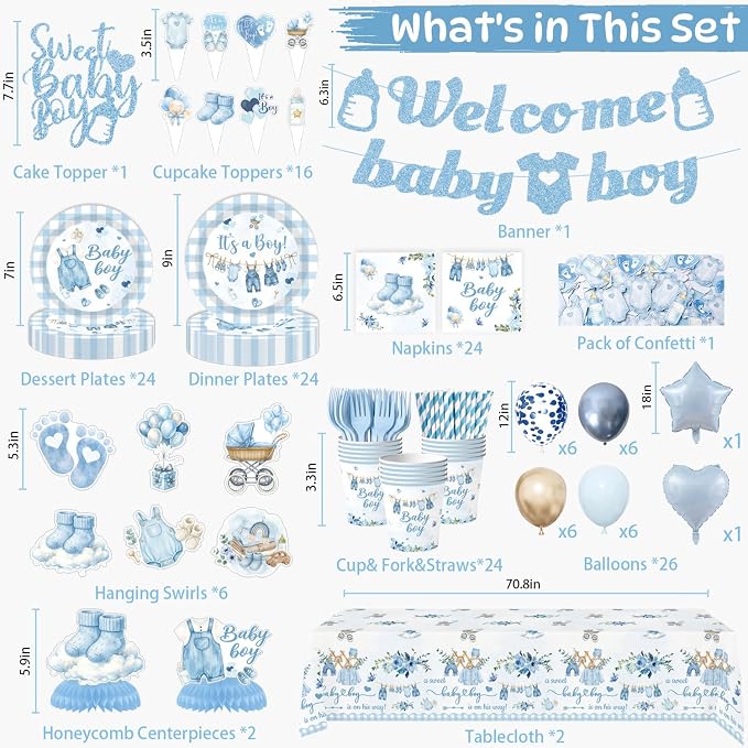 Blue Baby Boy Shower Decorations,224PCS Disposable Plates Napkins Set,Banner, Hanging Swirls, Centerpieces,Cake Topper,Tablecloth,Baby Shower Decorations for Boy Serves 24