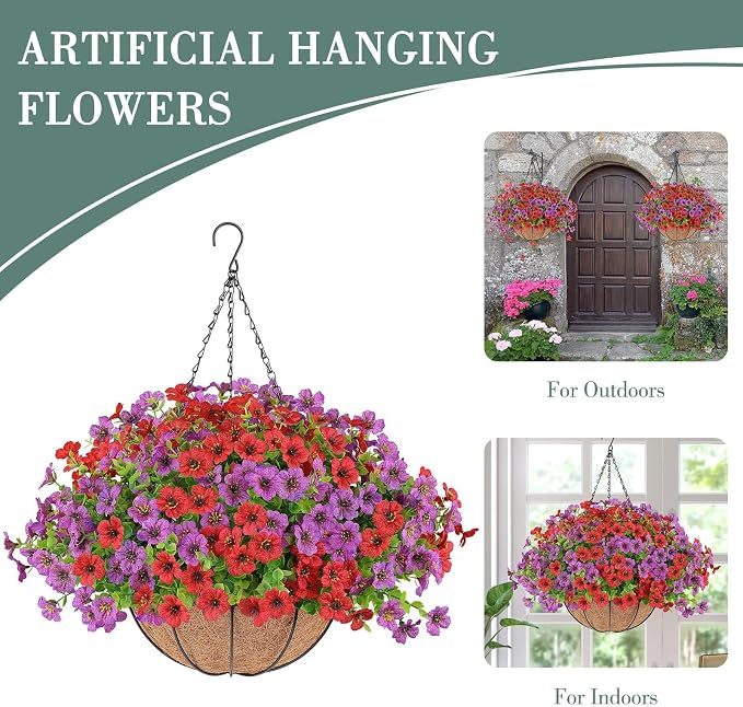 2 Set Artificial Flowers Hanging Plants in Basket,Artificial Hanging Flowers for Outdoor Indoor Decor,UV Resistant hanging Baskets with Fake Flowers for Spring Summer Patio Garden Porch Deck Decor