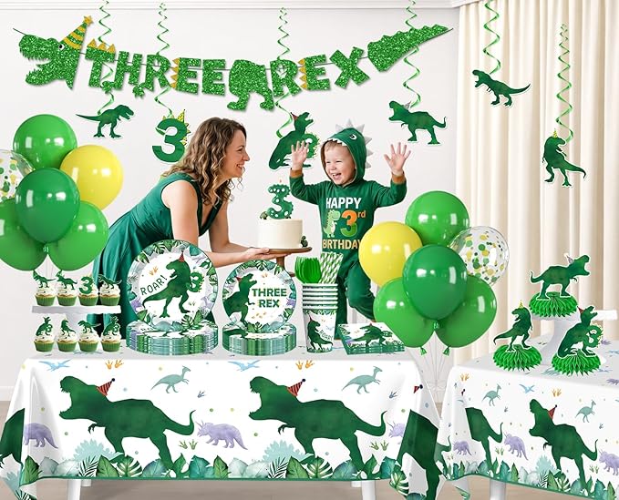 Xynic 209Pcs Three Rex Birthday Decorations Boy, All-in-One Party Supplies Includes Banner, Candle, Balloons, Plates and Napkins, Easy Setup Dinosaur 3rd Birthday, Serves 25