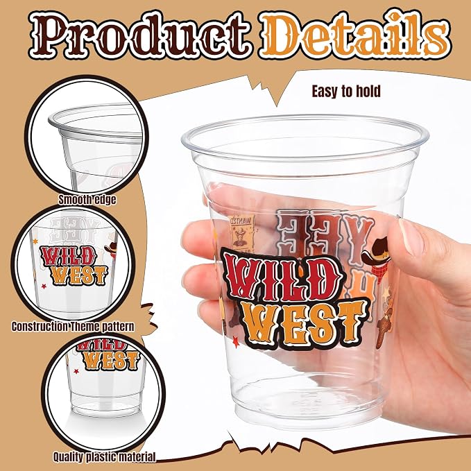 FoldTier 50 Pcs Western Theme Cups 12 oz Wild West Plastic Cups Clear Western Cowboy Disposable Cups Vintage Cowboy Drinking Cups for Home Kitchen Western Cowboy Theme Party Favors Supplies (Western)