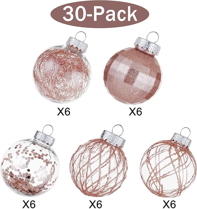 CristBest 30ct Christmas Ball Ornaments-60mm/2.36" Shatterproof Clear Plastic Xmas Balls Baubles Set with Stuffed Delicate Sparkling, Hanging Christmas Tree Decorations(Rose Gold)
