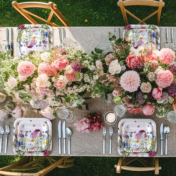 Umigy 100 Pcs Wildflower Paper Plates Flower Dinner 9'' Floral Disposable Paper Plates 7'' Square Dessert Set for Dinner Birthday Wedding Baby Shower Party Tableware (Sweet Color)