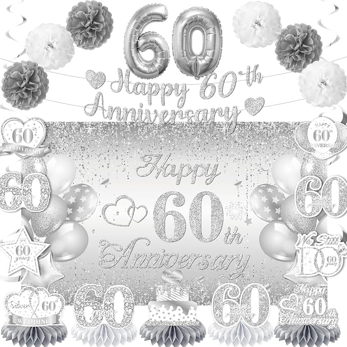 Silver 60th Wedding Anniversary Decorations Banner, 60th Anniversary Table Centerpieces Hanging Swirls Tissue Pompoms Foil Balloon for 60 Years Silver Wedding Party Decoration Supplies