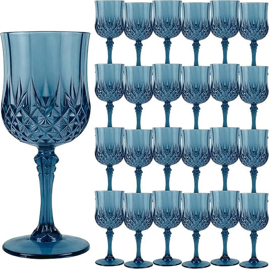 Plastic Wine Glasses, Plastic Goblets Vintage Style Cordial Unbreakable Drinking Glasses, Reusable Drinkware for Wedding Reception, Grand Event Party Supplies (24, Navy Blue)