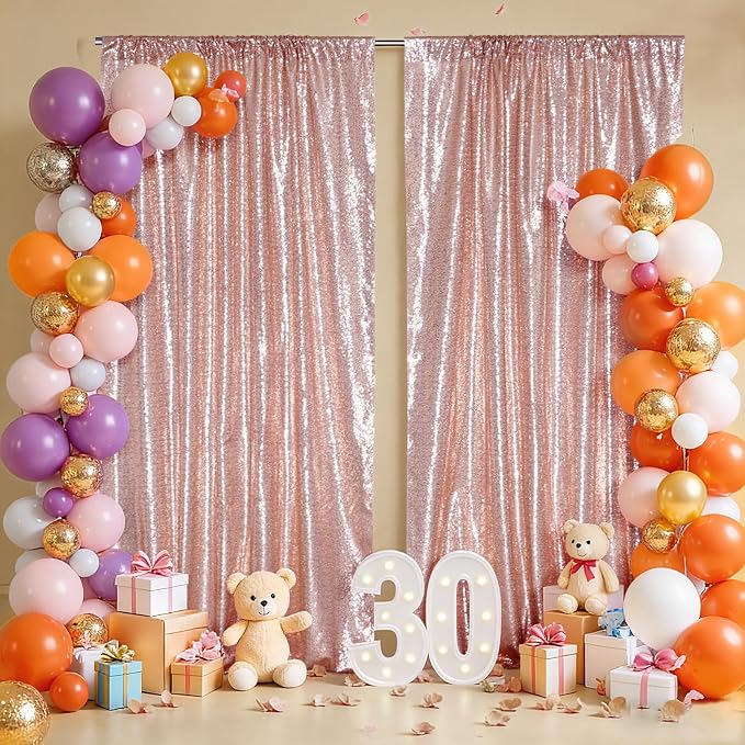SquarePie 2 PCS 4x10ft Rose Gold Sequin Backdrop for Photography, Extra Long Satin-Backed Real Sequin Curtain, High-Density Shimmering Background with 4" Rod Pocket for Wedding Ceremony, 2 Panels