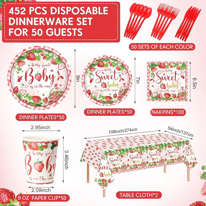 Funnymoom 452 Pcs Strawberry Baby Shower Decorations Party Supplies Strawberry Paper Plates Napkins Cups Tablecloth Cutlery Straws Tableware for a Berry Sweet Baby Is on the Way Decorations
