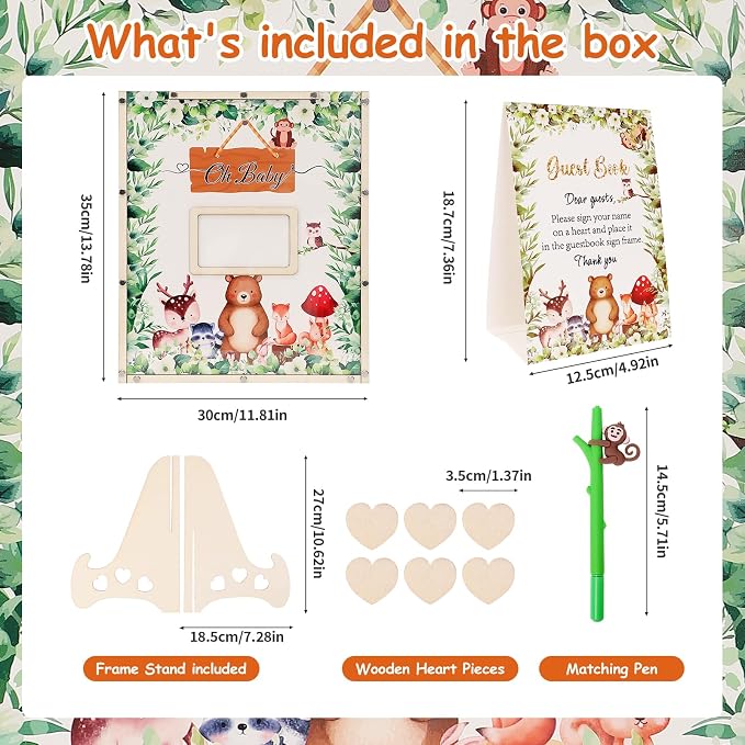 Woodland Baby Shower Decorations,Woodland Animals Baby Shower Guest Book Alternatives with Monkey Pen,Photo Frame and 60 Heart Wood Slices for 60 Guests,Gender Reveal Decorations