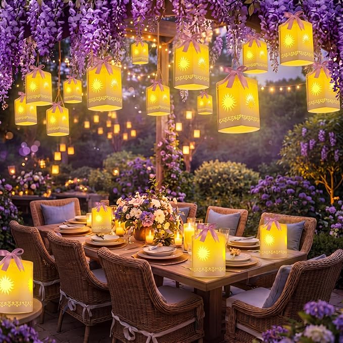 Beeveer 20 Pack Princess Sun Hanging Lanterns DIY Set Purple Princess Hanging Paper Lanterns Purple Sun Cutout Square Round Decorations for Birthday Party, Light String Not Included(Classic Color)