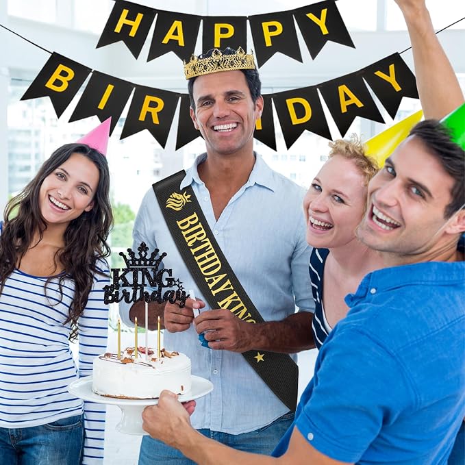 Birthday Gifts for Men, Birthday Decorations for Men, Party Decor Supplies including King Crown & Sash & Banner & Cake Topper & Candles