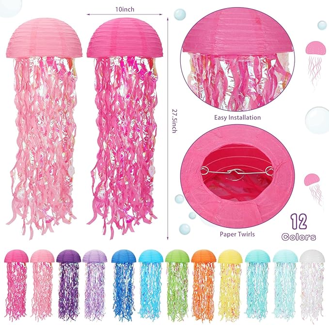 Baquler Set of 12 Jellyfish Party Decoration Multicolors Jellyfish Paper Lanterns 10 Inch Semicircle Lanterns Hanging Decoration for Mermaid Sea Ocean Birthday Party Decorations