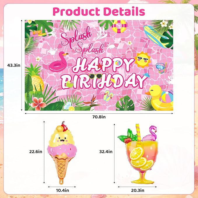 Summer Pool Beach Birthday Party Decorations, Splash Summer Backdrop Banner Hanging Swirls Honeycomb Centerpieces Cake Toppers Foil Balloons for Girls Tropical Swimming Luau Hawaiian Party Decor(Pink)