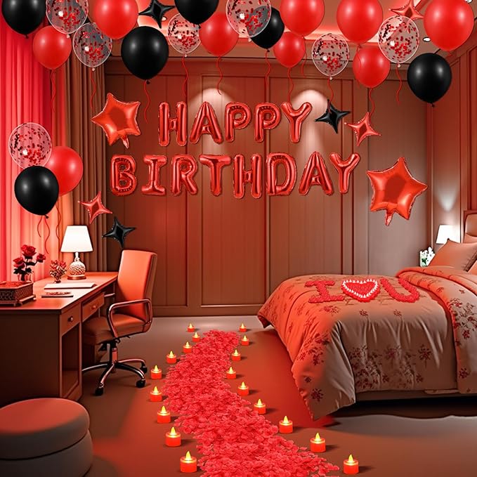 Red Happy Birthday Balloons Decorations Red and Black Birthday Balloon Letters Banner with 6 Pcs Star Balloons 1000 Artificial Rose Petals 24 Flameless LED Candles for Birthday Party Supplies Decor