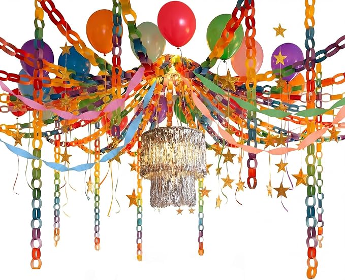 Blueweenly Fancy Princess Birthday Party Decorations Paper Chain Garland Strip Ceiling Party Classroom Decor Crepe Streamer Glitter Star Chandelier Balloons for Wedding Birthday(Rainbow,Small,8 Pcs)